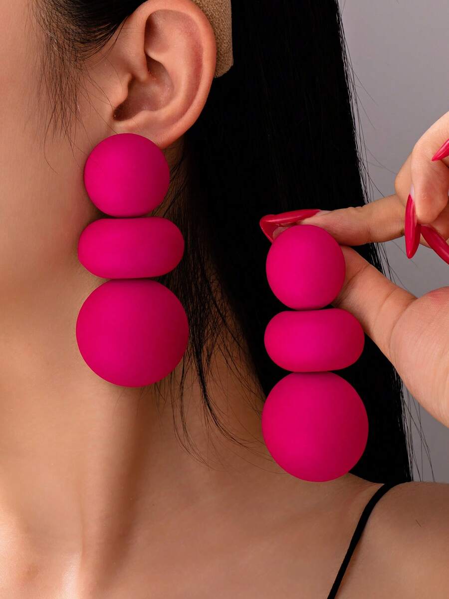 1 Pair Exaggerated Metallic Geometric Clip-On Earrings - Hot Pink - View 1