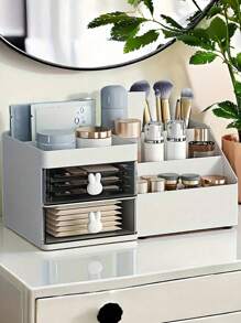 1 pièce Boîte de rangement de bureau au design de lapin blanc, organisateur de maquillage multicouche, porte-fournitures de bureau et de papeterie, pot à crayons pour dortoir étudiant, style tiroir, organisateur de bureau