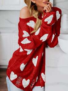 Womens Cute Love Heart Print Sweaters Oversized Off The Shoulder Loose Knitted Valentine Pullover Blouse Top - 紅色 - 查看 1