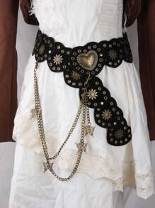 1 件女式复古棕色西式金属心形拼接腰带，Y2K Baddie 复古美学皮革腰带配蝴蝶链情人节情人节夏季、学校秋季、秋季、万圣节