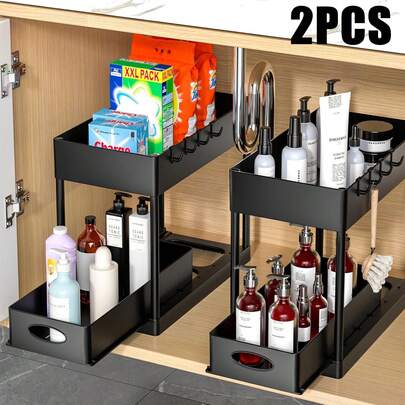 2-Piece Sink Under-Sink Storage Rack, Two-Tier Kitchen Cabinet Storage Rack, Double-Layer Sliding Cabinet Basket Storage Drawer, Multi-Functional Bathroom Collection Basket In Black, Suitable For Bathroom And Kitchen Countertop Under-Sink Storage Rack, Equipped With 10 Hooks And 4 Baskets.