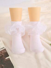 2 Pairs Baby Girls' Cute Solid Color Ruffle Trim Everyday Casual Short Socks, Student Socks, Versatile Daily Wear - Black and White - View 4