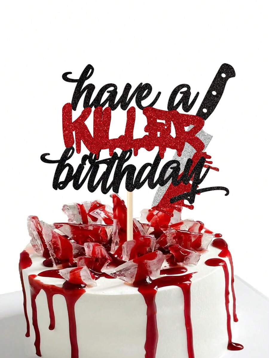 1pc Have A Killer Birthday Cake Topper, Pre-Assembled Red Glitter Horror Movie Theme Cake Decoration, Suitable For Killer Fans, Killer Party, Gothic Birthday Party, Halloween Birthday Party Decor, Dripping Red & Black Design - Multicolor - View 1