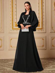 UNITHORSE UNITHORSE Women's Stand Collar Lantern Sleeve Appliques Slim-Fitting Reversible Chiffon Evening Dress