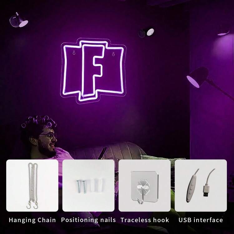 1 件霓虹 LED 游戏玩家灯，青少年游戏室装饰灯，USB 供电蓝色霓虹游戏墙饰，带开关控制 - 紫色 - 查看 7