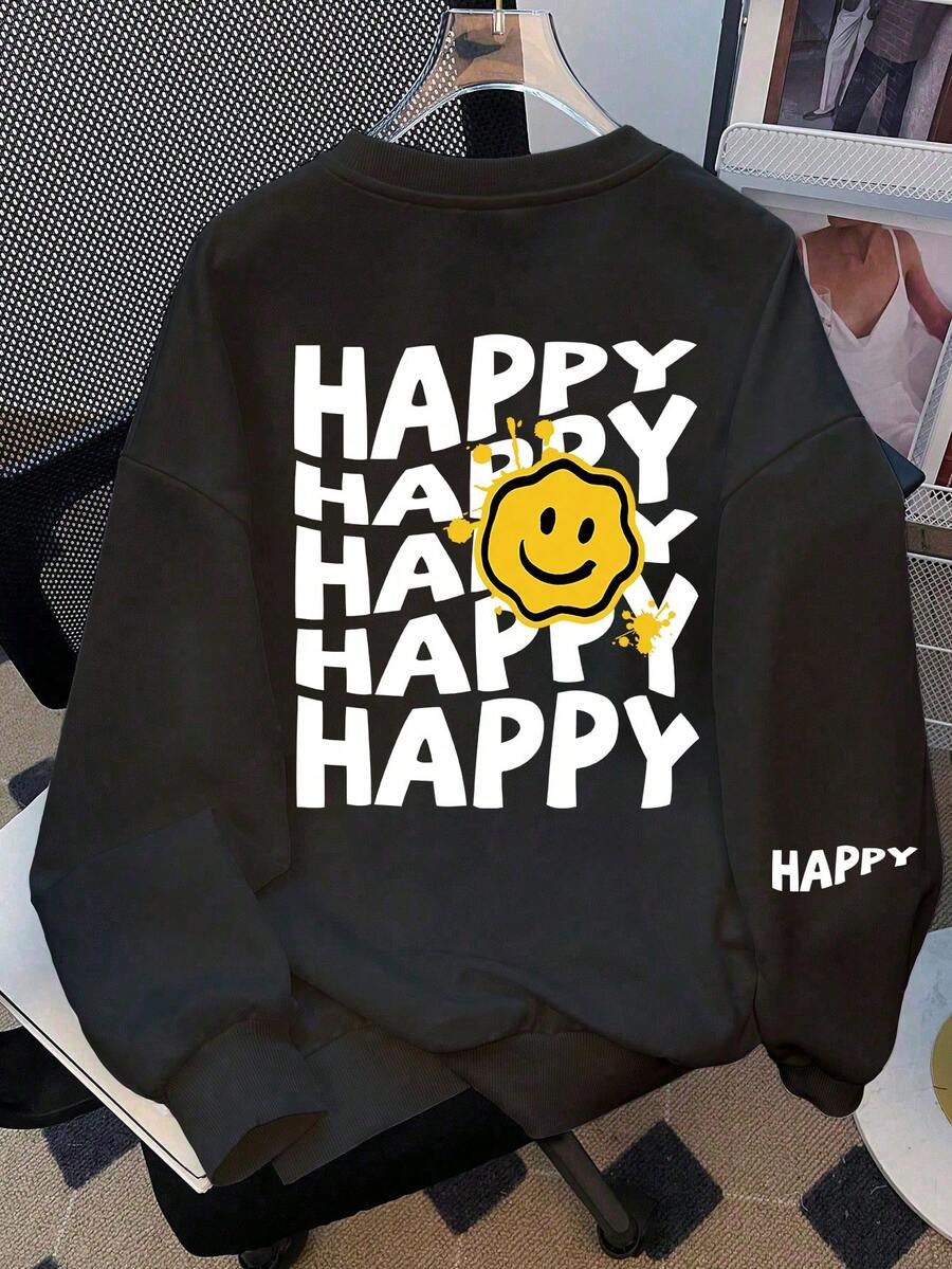 1件男童長袖圓領套頭運動衫,印有「HAPPY」字樣,舒適時尚,休閒百搭,適合小男孩/青少年男孩/前青少年男孩,秋冬新款上衣系列 - 黑色 - 查看 1