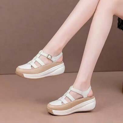 Retro Sandals 2024 Summer New Style Hollow Breathable Color Blocked Thick Bottom Anti Slip Comfortable Versatile Women's Shoes