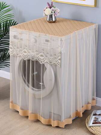 1pc Washing Machine Cover Tulle, Champagne/Pure White/Romantic Green/Romantic Purple/Romantic Pink, Minimalist Washing Machine Dust Cover, Lace Pleated Edge Washing Machine Cover, Top Load Washing Machine Cover, Fit Front Load Washing Machines, Dust-Proof, Decorative