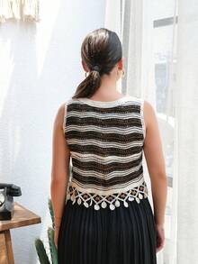 优雅流苏细节钩针开衫，多色蕾丝拼接女士无袖背心，针织上衣