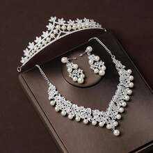4 件优雅女士婚礼首饰套装：1 条珍珠水晶皇冠项链和 1 对耳环，时尚新娘派对配饰 - 銀色 - 查看 5