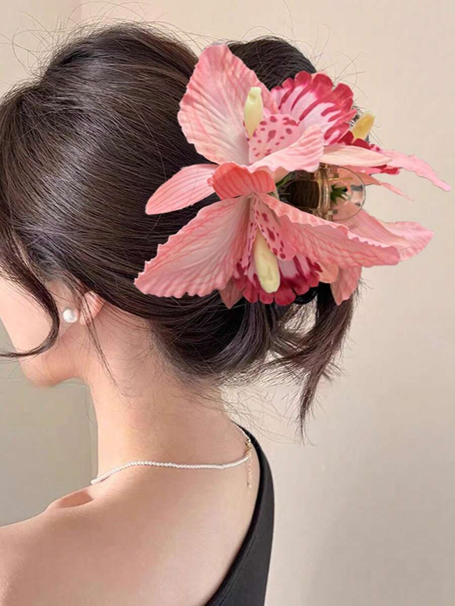 1pc Dual-Tone Orchid Flower Hair Clip, Artificial Flower Hair Accessory, Elegant For Updo Hairstyles, Weddings And Formal Events Summer Outfits Beach Claw Clips Vacay Hair Clips Beach Hair Claws - Multicolor - View 1