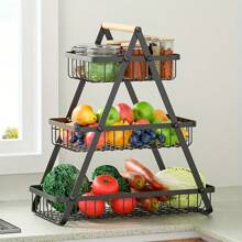 Reinforced Three-Tier Fruit Basket Tray, Kitchen Countertop Storage Rack, Additional Support Rods Suitable For Fruits, Vegetables, Bread, And Snacks, Removable Space-Saving Shelves Suitable For Pantries, Cabinets, And Countertops, Often Suitable For Home And Kitchen Display. Black Fruit Basket.