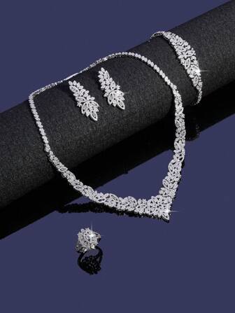 Conjunto de joyería de boda de 4 piezas: collar, anillo, aretes y brazalete con circonita cúbica para mujeres saudíes y de Dubai, accesorios para vestido de noche