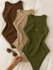 Kit Body Feminino Bori Regata Bory Collant Versátil Casual Costas Fechada Segunda Pele Básico Estiloso Várias Cores - M/N/VERDE MILITAR - Visão 2