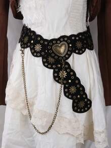 1 件女士复古西部金属拼布心形腰带，Y2K 复古独立美学皮革腰带，带蝴蝶链装饰 - 黑色 - 查看 31