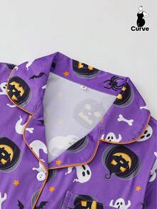 2 件女式加大码亡灵节/万圣节印花睡衣套装，短袖衬衫，有领和纽扣，柔软上衣和松紧腰短裤，时尚日常/家居服，节日睡衣派对装