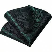 Silk Floral Necktie Set With Tie Clip, Handkerchief & Cufflinks - Black Green Floral - View 4