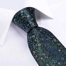 Conjunto de corbata de seda con estampado floral, incluye pinza de corbata, pañuelo y gemelos - Azul marino y verde - View 9