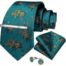 Conjunto de corbata de seda con estampado floral, incluye pinza de corbata, pañuelo y gemelos - Verde azulado y dorado - Ver 8