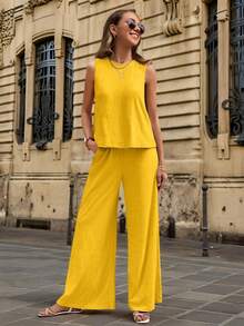 Unicolor Top Tank & Pantalones De Pierna Ancha,Top de Tanque Sólido Y Pantalones Anchos Para Vacaciones De Verano - Amarillo - Ver 5