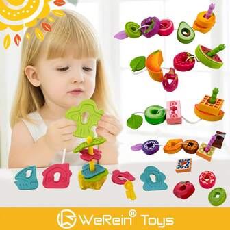 Children's Fruit,Food,House Bead Stringing Toy With Abs Material, Picture Cognition Learning Card, Educational Toy For Sorting And Stacking Fine Movement Skills, Suitable For Pretend Play, Early Montessori Teaching Aid For Boys And Girls 3+ Years Old, Birthday, Halloween,Thanks Giving,Christmas Gift