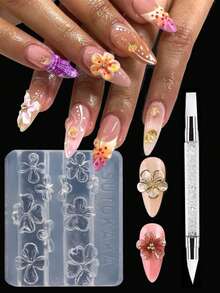2件套3D立体花卉美甲模具，硅胶材质，带雕刻笔、透明美甲模板、莲花和樱花图案模具，树脂环氧树脂专业用品 - 彩色 - 查看 9