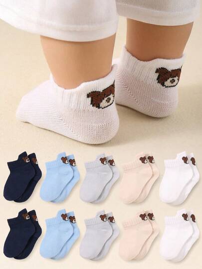 10 Pairs/Set Toddler Candy Color Casual Socks With Heel, Elevated Design, Cute Bear Print, Suitable For 0-3 Years Old Babies, Autumn/Winter