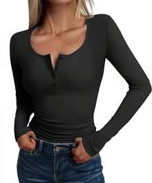Women's Long Sleeve Tops Henley T Shirts Button Ribbed Slim Fit 2025 Spring Fall Outfits Casual Cute Basic Tee Blouse - Màu xám đen - Xem 6