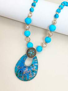 1pc Fashionable Boho Glass Water Drop Pendant Necklace,Vintage, Holiday Gift For Women