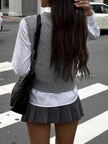 FOR BEAUTY V-Neck Sleeveless Knit Vest, Women Casual Loose Cropped Sweater, New Year Item, Spring/Autumn - Grey - View 5