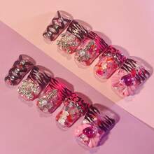 10pcs Y2K Red Nails Chic Short Duckbill Press On Nails Set - Handcrafted With Shiny Rhinestones, Zebra Stripes, Hearts, And Crystal Accents, Features Pink Black And French Tip Style, Perfect For Parties & Casual Attire, Suitable For Wedding Parties And Daily Wear, Includes Tool Kit For Easy Application. - 彩色 - 查看 4