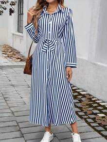 Elegant Women's Striped Tie Waist Maxi Long-Sleeve Shirt Dress With Button Design Comfortable Loose Fit For Daily Office Wear All-Season Casual Style