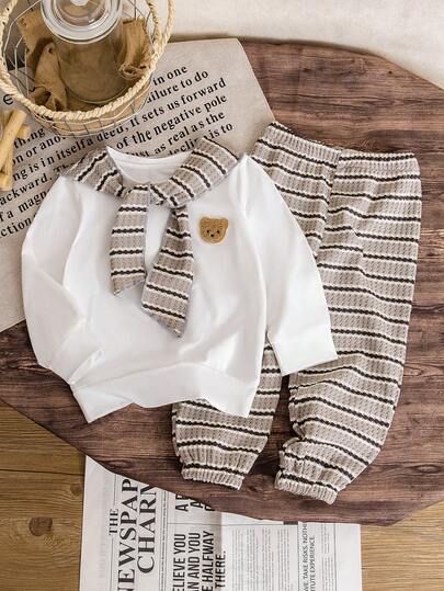 Bhchntiy 3 件套婴儿男童秋冬纯色熊图案圆领运动衫、条纹裤和披肩休闲时尚套装