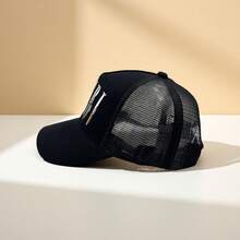 经典字母卡车帽，街头嘻哈黑星棒球帽，休闲户外网眼可调节老爹帽，男士款 - 黑與白 - 查看 1