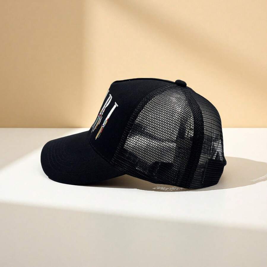 经典字母卡车帽，街头嘻哈黑星棒球帽，休闲户外网眼可调节老爹帽，男士款 - 黑與白 - 查看 1