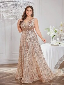 SUPGIR Plus Women's Elegant V-Neck Sleeveless Backless Slim-Fitting Sequin Ball Gown Maxi Evening Dress