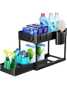 Organizador Cocina Bajo Fregadero De 2 Levels, Extraíble, With 4 Ganchos Para Colgar, Organizador Y Almacenamiento Para Debajo Del Fregadero, Estantería Deslizante De 2 Levels Para Baño Y Cocina - 滑輪 - 查看 2