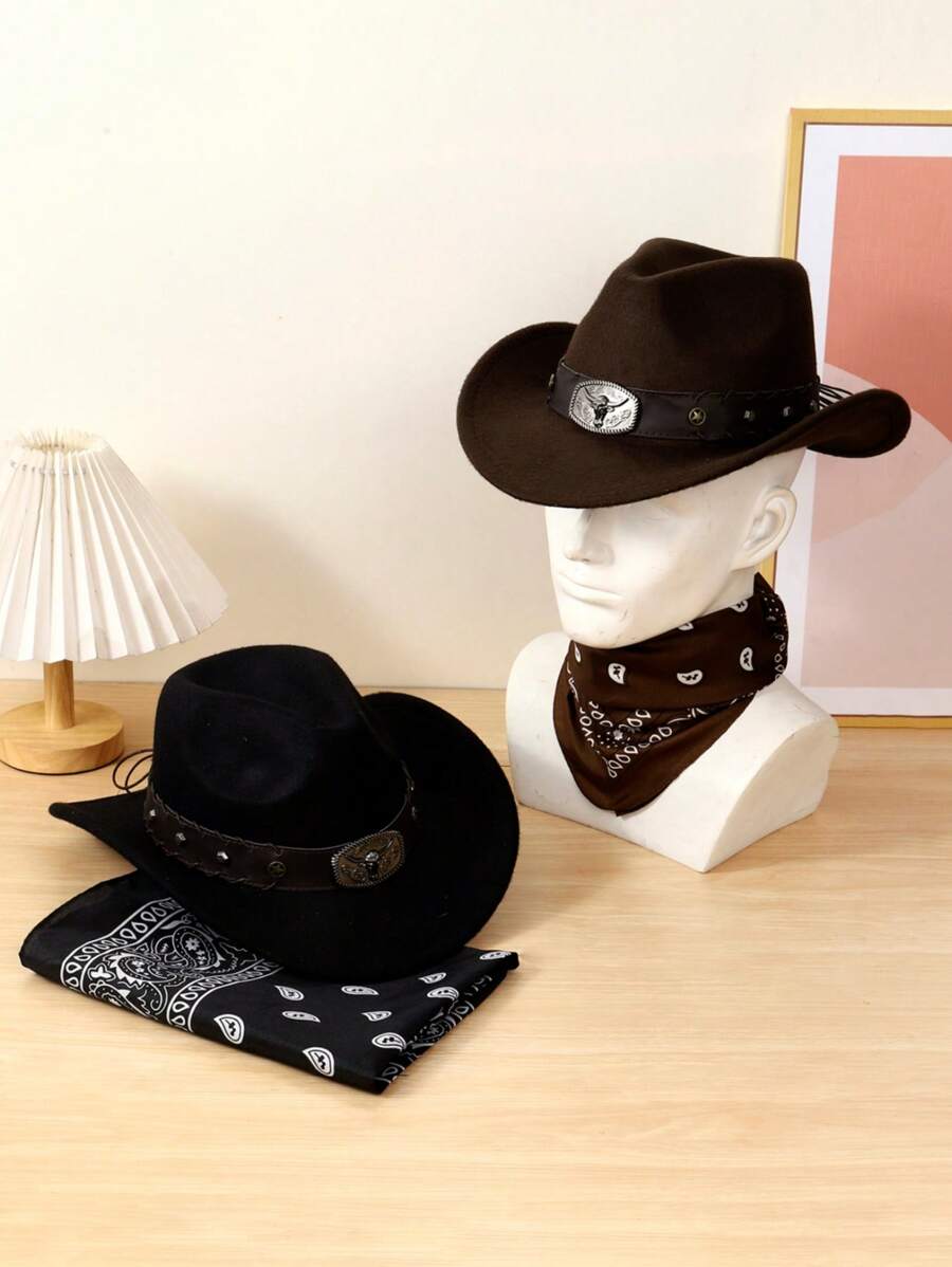 1 Set Unisex Cowboy Hat With Bull Horn Decor + 1 Cashew Pattern Scarf Fashion Outfit, Suitable For Horse Riding, Rodeo, Music Festivals, Bars, Gifts And Daily Use