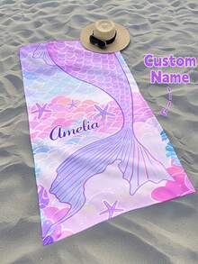 Toalha de praia infantil personalizada, presente de aniversário de verão, clima de verão, viagem de meninas à praia, toalha de praia personalizada, piscina, decoração de praia, para família, sereia - Multicolorido - Ver 1