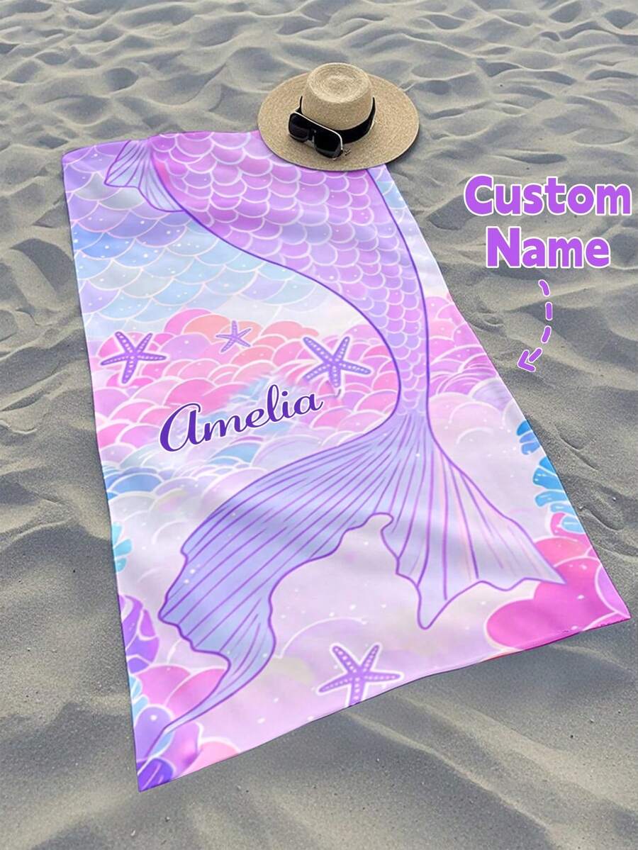 Toalha de praia infantil personalizada, presente de aniversário de verão, clima de verão, viagem de meninas à praia, toalha de praia personalizada, piscina, decoração de praia, para família, sereia - Multicolorido - Ver 1