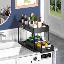 Sink-Under Storage Rack 2-Piece Set, Two-Tier Kitchen Cabinet Storage Rack, Double-Layer Sliding Cabinet Basket Storage Drawer, Multi-Functional Bathroom Collection Basket In Black, Suitable For Bathroom And Kitchen Countertop Storage Rack, Comes With 8 Hooks And 4 Baskets - 2 Black - View 8