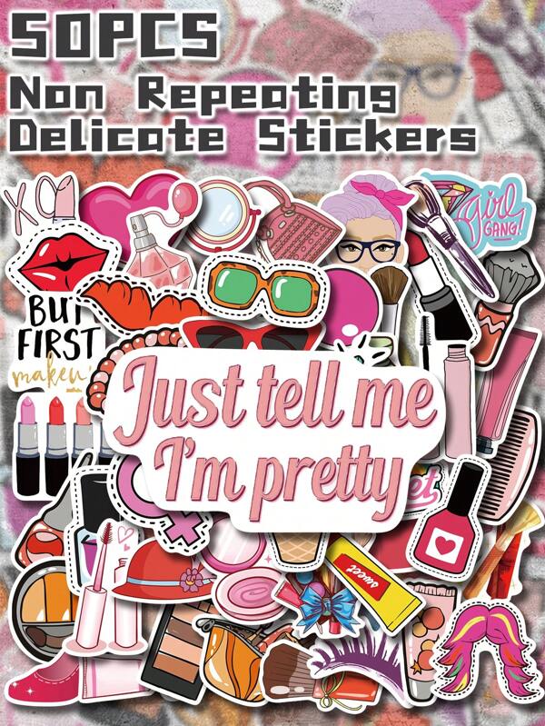 50pcs Girl's Make-Up Themed Stickers Non-Repeating Delicate Decoration For Back To School Season Gift Class Reward Christmas Halloween Gift Holiday Gift Party Decors Home Decor Birthday Gift Luggage Scooter Hand Account Water Bottle Cups Laptop Tablet Phone Case Notebooks