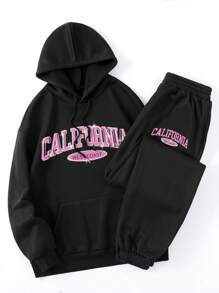 LOVE JOYY 两件套女休闲宽松大码连帽卫衣配印花裤，日常时尚闪亮水钻字母印花宽松卫衣秋冬日常套装