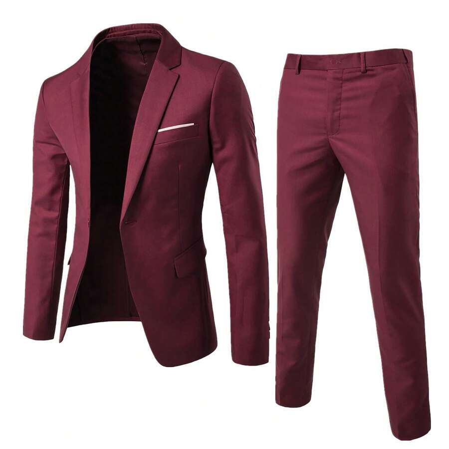 Men's Business Suit Set Professional Formal Wear Two-Piece Slim-Fit Suit Korean Style Best Man & Groom Wedding Attire - Burgundy - View 1