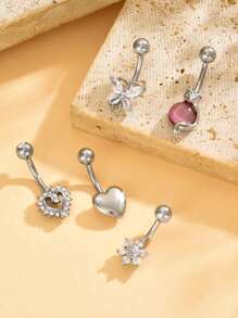 5pcs Stainless Steel Bent Rod Belly Button Rings Set With Sparkly Rhinestone Butterfly Heart Sun Fox Flower Combination Shape Women Belly Chain Pendant Piercing Jewelry Foraily Wear Valentines, Fashion Cubic Zirconia Decor, Belly Button Piercing