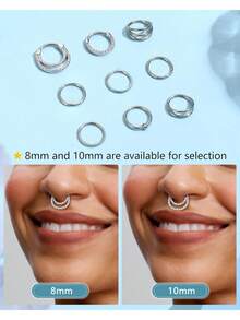 9 Pcs Hypoallergenic Septum Rings 16G Surgical Steel CZ Opal Clicker Hinged Nose Rings Hoop For Women Men Lip Conch Tragus Helix Daith Cartilage Earrings 8mm 10mm - Silver - View 8