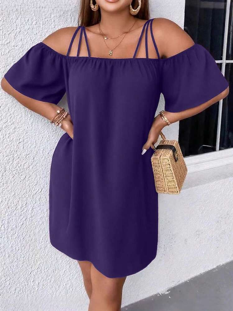 Plus Size Women's Solid Color Off-Shoulder Short Sleeve Loose Casual Dress Elegant Summer - Purple - View 2