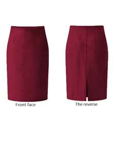 Women's Elegant Commuter Deer Velvet Zipper Versatile A-Line Skirt With Back Slit, Non-Stretchy, Winter - Wine Red - View 2