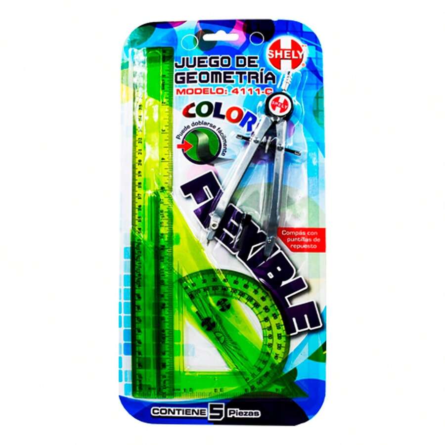 Lincky Juego de Geometría, set de 5 piezas incluye, regla, transportador, Escuadra, Compás. Juego geométrico flexible puede doblarse con facilidad - 4111-C - Ver 1