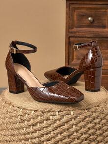 1 双女士方头基本款纯色搭扣高跟鞋，性感 7 厘米粗跟办公室女士正装鞋 - 咖啡棕 - 查看 4